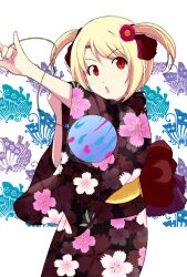  arm_up bad_id bad_pixiv_id blonde_hair female hair_ornament idolmaster idolmaster_dearly_stars japanese_clothes kimono onion_(lemlaml) open_mouth painttool_sai_(medium) red_eyes short_hair solo standing suzuki_ayane twintails 