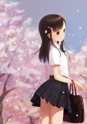  bad_id bad_pixiv_id bag braid brown_eyes brown_hair cherry_blossoms female hair_ornament hairclip highres kokudou_juunigou long_hair original outdoors photoshop_(medium) school_uniform skirt solo 