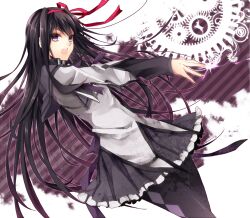  akemi_homura akemi_homura_(magical_girl) black_hair commentary_request dutch_angle female gears hair_ribbon long_hair magical_girl mahou_shoujo_madoka_magica mahou_shoujo_madoka_magica_(anime) noka_(blackheart1118) open_mouth pantyhose purple_eyes ribbon school_uniform solo sparkle very_long_hair 