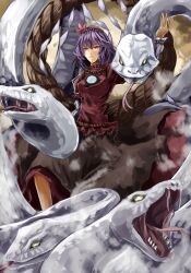  animal commentary_request fangs female hair_ornament long_skirt long_tongue mirror mishaguji oversized_animal photoshop_(medium) purple_hair red_eyes rope shimenawa shirt short_hair skirt snake solo tongue tongue_out touhou uutan_(shibainu_kakumei) yasaka_kanako 