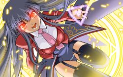  black_hair breasts commentary_request female garter_straps glowing glowing_eyes highres kaneko_shin&#039;ya long_hair lucifer_(umineko) medium_breasts necktie open_mouth pink_necktie red_eyes showgirl_skirt solo stakes_of_purgatory thighhighs umineko_no_naku_koro_ni 