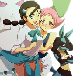  2girls abomasnow bad_id bad_pixiv_id bandaid black_hair blue_eyes blush candice_(pokemon) clothes_around_waist hair_ornament hairclip hirococo lowres lucario maylene_(pokemon) multi-tied_hair multiple_girls pink_eyes pink_hair pokemon pokemon_(creature) pokemon_dppt ribbon school_uniform skirt sleeves_rolled_up snover sweater sweater_around_waist 