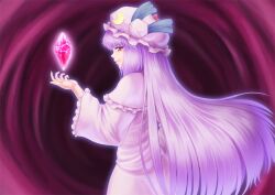  commentary_request crystal female frills hat long_hair looking_back nazal patchouli_knowledge photoshop_(medium) purple_eyes purple_hair smile solo touhou very_long_hair 