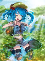  backpack bag black_thighhighs blue_eyes blue_hair boots breasts camouflage commentary_request female gloves hair_bobbles hair_ornament hat jumping kawashiro_nitori key knee_pads large_breasts midriff navel one_eye_closed open_mouth panzer_(p.z) short_hair skirt solo sunlight thighhighs touhou tree two_side_up 