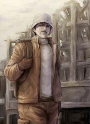  1boy backpack bag belt black_eyes brown_gloves brown_jacket brown_pants coat commentary_request cowboy_shot facial_hair gloves grey_hat hat jacket jjj_(pixiv5476) kazuho_yoshii looking_at_viewer male_focus moustache pants solo standing texhnolyze 