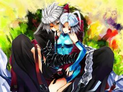  1boy ahoge black_pants blazblue braid commentary_request couple eyepatch female gloves gond green_eyes grey_hair grin heterochromia hug hug_from_behind kneeling long_hair mouth_hold nu-13 pants photoshop_(medium) ragna_the_bloodedge red_eyes sitting smile spiked_hair straight 