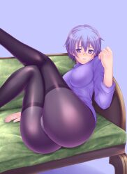  ass black_pantyhose blue_eyes blue_hair blush breasts commentary_request couch covered_nipples female glasses highres large_breasts legs legs_up original panties panties_under_pantyhose pantyhose photoshop_(medium) short_hair sitting solo sweater taru_neko thighband_pantyhose underwear 