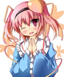  alternate_hairstyle blush commentary_request female komeiji_satori liya one_eye_closed own_hands_together petite pink_eyes pink_hair solo touhou twintails 