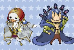  alternate_hair_color azazel_(azazel-san) beak beelzebub_(azazel-san) blonde_hair blue_hair closed_eyes coat commentary_request creature crown epaulettes feathers hiuran no_humans parody shindou_sugata star_(symbol) star_driver tsunashi_takuto yondemasu_yo_azazel-san. 