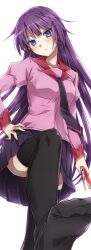  bad_id bad_pixiv_id bakemonogatari black_thighhighs blue_eyes blush breasts closed_mouth feet female foot_focus hand_on_own_hip head_tilt juliet_sleeves legs long_hair long_sleeves looking_at_viewer medium_breasts monogatari_(series) naoetsu_high_school_uniform natsu_natsuna necktie pink_shirt pleated_skirt puffy_sleeves purple_hair purple_skirt school_uniform senjougahara_hitagi shirt skirt soles solo thighhighs zettai_ryouiki 