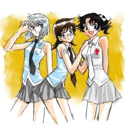  3girls alternate_costume bare_shoulders black_hair commentary_request genderswap_(mtf) glasses grey_hair hyoubu_kyousuke minamoto_kouichi multiple_girls necktie rule_63 sakaki_shuuji shiina_takashi skirt sleeveless standing uniform zettai_karen_children 