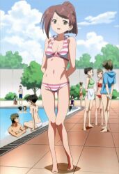  2boys 6+girls :d anime_screenshot arms_behind_back bikini breasts brown_hair day drain_(object) groin hair_ornament hairclip highres kiss_x_sis knees_together_feet_apart looking_at_viewer lowleg lowleg_bikini multiple_boys multiple_girls navel open_mouth outdoors pigeon-toed pool poolside shadow small_breasts smile solo_focus standing striped_bikini striped_clothes suminoe_ako swimsuit tree water 