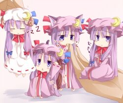  4girls animal_ears blush_stickers cat_ears cat_tail chibi clone commentary_request crescent dog_ears dog_tail dress hands hat horns kemonomimi_mode long_hair mini_person minigirl mukyuu multiple_girls patchouli_knowledge purple_dress purple_eyes purple_hair ram_hachimin sheep_horns sitting sleeping standing tail touhou translation_request white_dress zzz 