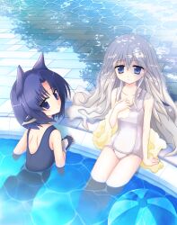  2girls animal_ears anne_dautrich arm_support ball beachball blue_eyes blue_hair blush caustics collarbone commentary_request fingerless_gloves gloves hand_on_own_chest highres kyoukaisenjou_no_horizon long_hair looking_at_viewer looking_back multiple_girls nanao_yuki one-piece_swimsuit outdoors partially_submerged pool poolside refraction satomi_yoshiyasu school_swimsuit shade short_hair sitting soaking_feet swimsuit towel tree_shade water white_hair white_one-piece_swimsuit 