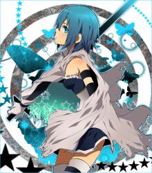  akishima_kei armband bad_id bad_pixiv_id blue_eyes blue_hair bug butterfly cape female gloves looking_at_viewer looking_back magical_girl mahou_shoujo_madoka_magica mahou_shoujo_madoka_magica_(anime) miki_sayaka miki_sayaka_(magical_girl) profile short_hair solo star_(symbol) sword tears thighhighs torn_cape torn_clothes weapon 