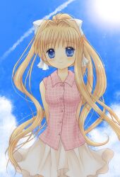  air_(visual_novel) bad_id bad_pixiv_id blonde_hair blue_eyes casual commentary_request female hinokami_sakura kamio_misuzu long_hair photoshop_(medium) ponytail solo very_long_hair 