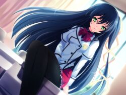  black_hair black_legwear blush dutch_angle female game_cg green_eyes highres long_hair lovekami motoi_ayumu pantyhose ribbon sakisa_itsuki school_uniform sitting very_long_hair yashima_takahiro 