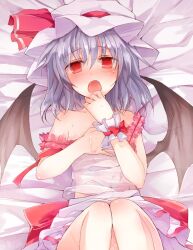  bare_shoulders bat_wings blush commentary_request fangs female hat light_purple_hair lying nazuka_(mikkamisaki) on_back open_mouth red_eyes remilia_scarlet see-through short_hair solo strap_slip sweat touhou wet wet_clothes wings 