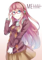  adjusting_eyewear argyle blue_eyes character_name commentary_request female glasses headphones highres long_hair megurine_luka nail_polish photoshop_(medium) pink_hair red-framed_eyewear retsuna skirt smile solo very_long_hair vocaloid 