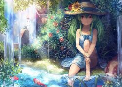  canine collarbone commentary_request dress female fish flower goldfish green_hair hat hat_flower matsumoto_mitsuaki original partial_commentary photoshop_(medium) red_eyes sitting soaking_feet solo straw_hat sundress sunflower water 