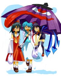  3girls ascot asymmetrical_wings bag black_hair black_thighhighs blue_eyes blue_hair bow closed_eyes commentary_request detached_sleeves dress floating hair_tubes hairbow hakurei_reimu holding holding_umbrella houjuu_nue karakasa_obake kiri multiple_girls open_mouth purple_umbrella rain red_eyes shared_umbrella shopping_bag short_hair skirt socks tatara_kogasa thighhighs tongue touhou umbrella white_legwear wings zettai_ryouiki 