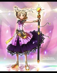  belt blonde_hair commentary_request earmuffs female full_body hand_fan highres kusakanmuri letterboxed outstretched_arm shirt skirt sleeveless sleeveless_shirt solo standing sword touhou toyosatomimi_no_miko weapon wristband yellow_eyes 