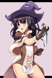  bad_id bad_pixiv_id black_hair blue_eyes capelet chibi_(nekomimimi) dagger female fur_trim gloves hat high_wizard_(ragnarok_online) knife long_hair open_mouth ragnarok_online solo weapon witch_hat 