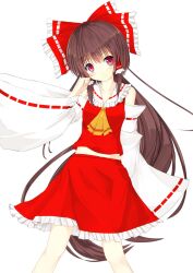  ascot bad_id bad_pixiv_id blush bow brown_hair detached_sleeves female hair_tubes hairbow hakurei_reimu highres long_hair midriff navel niboss photoshop_(medium) red_bow red_eyes red_skirt skirt solo touhou very_long_hair 