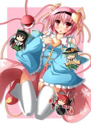  4girls black_hair chibi commentary_request green_hair highres kaenbyou_rin komeiji_koishi komeiji_satori liya multiple_girls pink_eyes pink_hair red_hair reiuji_utsuho thighhighs touhou white_legwear 