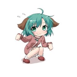  :3 ahoge animal_ears animal_pose blush brown_dress chibi commentary_request dress female green_eyes green_hair kasodani_kyouko natsu_no_koucha paw_pose short_hair simple_background solo squatting touhou 