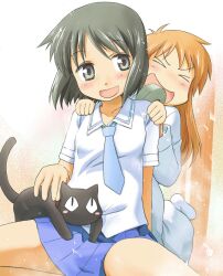  2girls ^_^ black_cat black_hair blonde_hair blouse blush blush_stickers closed_eyes commentary feline grey_eyes lab_coat long_hair miniskirt multiple_girls naruse neckerchief necktie nichijou open_mouth pleated_skirt professor_shinonome sakamoto_(nichijou) school_uniform shinonome_nano shirt short_hair sitting skirt smile tokisadame_school_uniform 