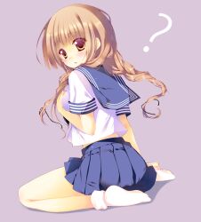  ? blush braid brown_eyes brown_hair commentary_request female hanasaku_iroha long_hair oshimizu_nako photoshop_(medium) pleated_skirt sakura_hanpen school_uniform serafuku simple_background sitting skirt socks solo twin_braids wariza white_socks 