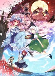  6+girls blue_sky boat castle cherry_blossoms cover cover_page cup dango drinking flower flying food full_moon green_hair izayoi_sakuya jpeg_artifacts konpaku_youmu konpaku_youmu_(ghost) moon multiple_girls night night_sky onozuka_komachi pink_hair red_flower red_hair remilia_scarlet river rod_of_remorse saigyouji_yuyuko sanshoku_dango sanzu_river scarlet_devil_mansion shiki_eiki skewer sky spider_lily suzushiro_kurumi tea teacup touhou tray wagashi water watercraft white_flower white_hair white_spider_lily yunomi 