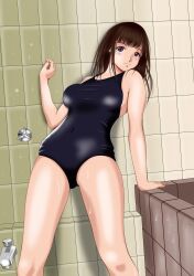  absurdres anegasaki_nene arm_support bathroom blush breasts brown_hair commentary_request female highres large_breasts long_hair love_plus mole mole_under_eye one-piece_swimsuit purple_eyes solo swimsuit tile_wall tiles zakuro0508 