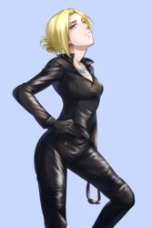  1girls annie_leonhardt attack_on_titan bdsm bdsm_gear blonde_hair blue_eyes dominatrix female female_domination female_only femdom fully_clothed latex latex_gloves latex_suit latex_thighhighs looking_down solo wide_hips 