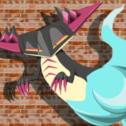  breaking_the_fourth_wall brick brick_background brick_wall dragapult feral flat_colors generation_8_pokemon looking_at_viewer nintendo pokemon pokemon_(species) sevi_blaze shadow solo wall_(structure) 