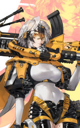  ammunition_belt artist_request bipod black_hair black_pants black_shirt breastless_clothes breasts camouflage closed_mouth clothing_cutout covered_navel cowboy_shot cropped cross-laced_pants cross-shaped_pupils eyelashes eyes_visible_through_hair female fishnets framed_breasts goggles grey_eyes grey_hair gun hair_between_eyes harness headphones headset heterochromia highres holding holding_gun holding_weapon leotard long_bangs long_hair long_sleeves looking_at_viewer looking_down medium_breasts microphone mismatched_pupils mole mole_under_mouth multicolored_hair original over_shoulder pants partially_unzipped puffy_short_sleeves puffy_sleeves rifle rifle_cartridge shirt short_sleeves sideways_glance skin_tight sniper_rifle solo swept_bangs symbol-shaped_pupils thigh_cutout two-tone_hair weapon weapon_over_shoulder white_background white_leotard yellow_eyes zipper zipper_pull_tab zoom_layer 