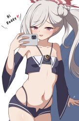  azur_lane bare_shoulders black_panties blue_archive blue_shorts cellphone collarbone cosplay detached_sleeves female flat_chest halo hand_up highleg highleg_panties highres holding holding_phone light_blush long_hair looking_at_viewer micro_shorts mutsuki_(blue_archive) navel oceana_(azur_lane) oceana_(azur_lane)_(cosplay) open_clothes open_shorts panties phone pointy_ears revealing_clothes shorts side_ponytail smartphone solo stomach underwear white_hair zhyseven 