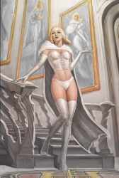  boots cape corset elbow_gloves emma_frost erik_gist female gloves high_heel_boots high_heels highres indoors long_hair marvel navel painting_(object) panties solo stairs thigh_boots underwear white_cape white_corset white_footwear white_gloves white_panties x-men 