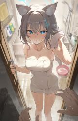  1boy after_bathing animal_ears bath bathroom blue_archive blue_eyes blue_halo blush breasts collarbone female grey_hair hair_ornament hairclip halak0000 halo highres indoors medium_breasts medium_hair naked_towel open_door open_mouth shiroko_(blue_archive) shower_head standing towel wolf_ears 