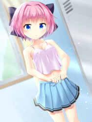  absurdres blue_eyes blue_skirt blurry blurry_background blush bow breasts camisole changing_clothes changing_room cleavage collarbone commentary day dot_nose feet_out_of_frame female getsuyoshi hair_intakes hairbow head_tilt highres hiiragi_kae indoors large_bow locker looking_at_viewer medium_breasts navel parted_lips pink_camisole pink_hair purple_bow re:stage! short_hair skirt solo spaghetti_strap undressing window 