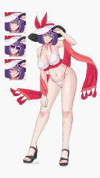  absurdres aroevela bikini black_sarong breasts expression_chart female hat highres midriff nagae_iku purple_hair red_eyes red_scarf ribbon sarong scarf short_hair simple_background solo sunglasses swimsuit touhou white_background white_hat 