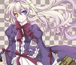  bad_id bad_pixiv_id blue_eyes bow checkered_background dress female heterochromia long_hair mary_clarissa_christie purple_dress ribbon sakurairyouka shikkoku_no_sharnoth simple_background smile solo steampunk_(liarsoft) suitcase two-tone_background waist_bow white_hair yellow_eyes 