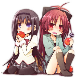  2girls akemi_homura anger_vein apple black_hair blush boots bow commentary_request denim denim_shorts food fruit hairband hairbow holding holding_food holding_fruit knee_boots long_hair mahou_shoujo_madoka_magica mahou_shoujo_madoka_magica_(anime) mitakihara_school_uniform multiple_girls pantyhose plaid ponytail red_hair sakura_kyoko school_uniform shio_kuzumochi shorts skirt 