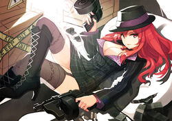  bad_id bad_pixiv_id black_thighhighs boots breasts bullet choker cleavage crazyzoe crime_city_miss_fortune cross-laced_footwear crossed_legs dual_wielding explosive female formal garter_straps grenade gun hat high_heels holding jacket knee_boots large_breasts league_of_legends lens_flare long_hair lying miss_fortune_(league_of_legends) money nail_polish photoshop_(medium) pinstripe_pattern red_eyes red_hair shoes skirt skirt_suit solo striped suit thighhighs weapon 