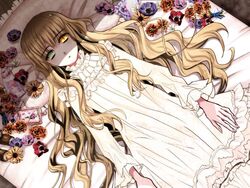  akira_(kaned_fools) bed brown_hair charlotte_bronte dress expressionless female flower game_cg green_eyes heterochromia long_hair pillow shikkoku_no_sharnoth solo steampunk_(liarsoft) white_dress yellow_eyes 