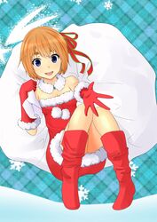  :d blue_eyes boots bow brown_hair commentary_request elbow_gloves female gloves hair_ribbon hairbow highres kurohachiboku looking_at_viewer open_mouth orange_hair original reaching red_gloves ribbon santa_costume short_hair smile solo thick_eyebrows 