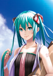  aqua_eyes aqua_hair cloud commentary_request day elrowa female hair_ribbon hatsune_miku long_hair nail_polish ribbon sky smile solo vocaloid 