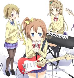  3girls :o bass_guitar blue_eyes brown_eyes brown_hair chiigo commentary_request electric_guitar fender_stratocaster guitar highres instrument keyboard_(instrument) koizumi_hanayo kosaka_honoka long_hair love_live! love_live!_school_idol_project microphone minami_kotori multiple_girls one_side_up otonokizaka_school_uniform pantyhose plaid plaid_skirt printemps_(love_live!) purple_eyes school_uniform short_hair simple_background sitting skirt trumpet white_background 