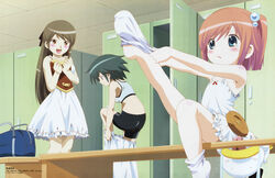  3girls :d absurdres ah-kun ass back bag bike_shorts blue_eyes blush bob_cut buttons dress dressing drooling embarrassed flat_chest from_behind green_hair grey_hair hair_bobbles hair_ornament hands_on_own_chest highres holding large_buttons leg_lift locker locker_room long_hair moetan multiple_girls nijihara_ink nishio_kouhaku official_art open_mouth orange_hair photoshop_(medium) pink_hair scan short_hair sitting smile sock_pull socks sports_bra suzuki_remi tanaka_rina twintails white_socks 